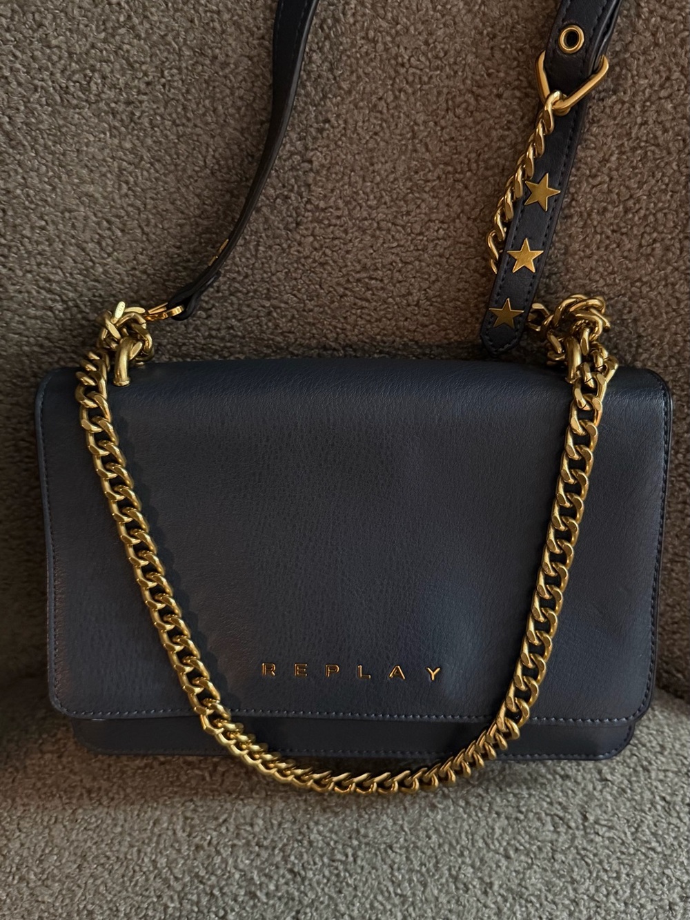 Replay Black Leather Crossbody with Gold Chain and Star-Accent Strap